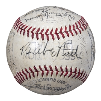 1942 Multi Signed Baseball From Babe Ruths "Last Ever Home Run At Yankee Stadium" With 30 Signatures Including Ruth, Walter Johnson, DiMaggio & Hall of Fame Umpire Billy Evans (JSA)